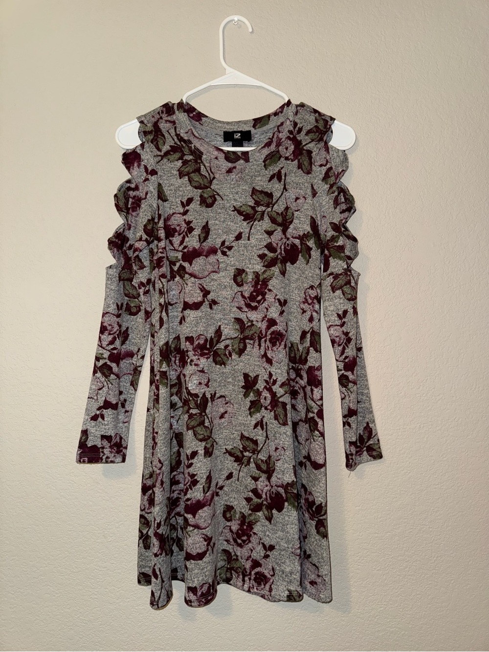 Iz Byer Gray Sweater with Burgundy Floral Accents